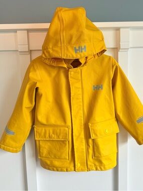 Helly Hansen Kids Yellow Size 4 Hooded Raincoat Logos Fleece Lined